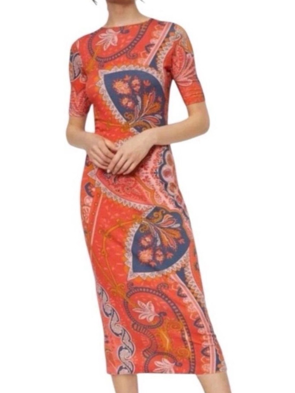 FARM Rio for Antropologie Giannina Knit Midi Dress Paisley Floral Orange Medium